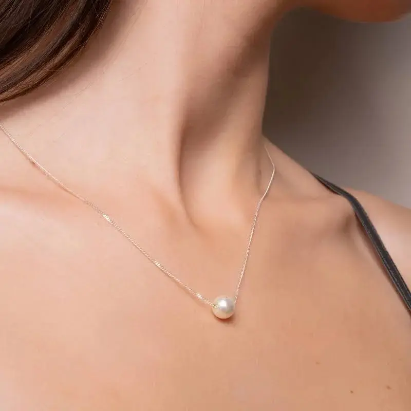 Single Floating Pearl Necklace, Single pearl, Sterling silver, Bridal necklace, Bridesmaids Gift, Wedding jewelry, Gift for her