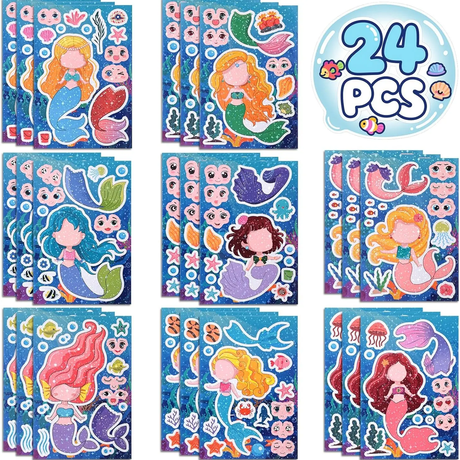 24PCS Make a Stickers for Kids Toddlers, Make Your Own Mix and Match Mermaid Stickers Sheets for Girls Crafts Activities, Birthday Gifts, Goodie Bags Stuffers, Sticker Packs, Stickers Kit