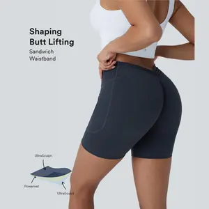 Halara UltraSculpt High Waisted Tummy Control Butt Lifting Ruched Shaping Yoga Biker Shorts 5'' with Pockets