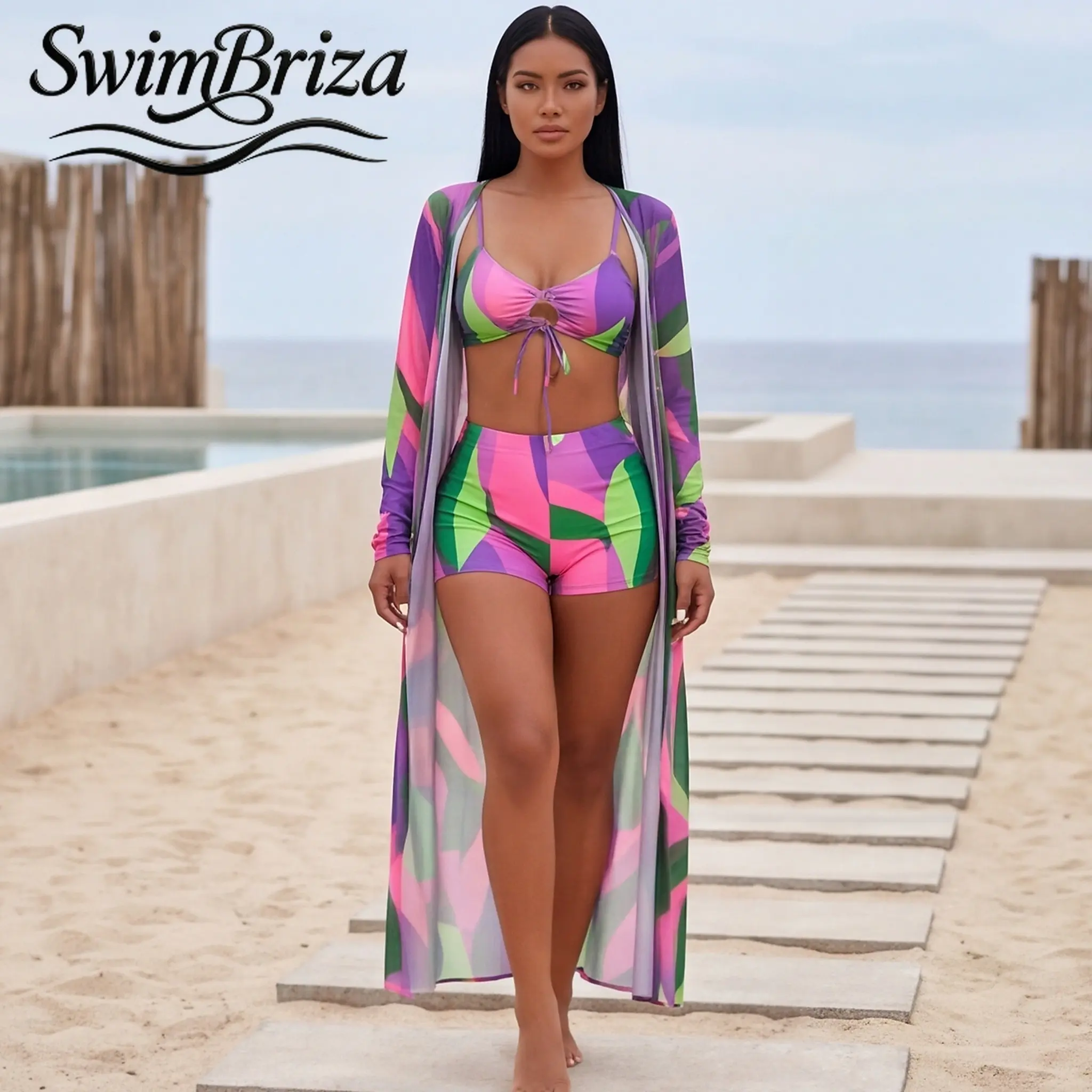 Briza｜Women's Abstract Print High Waisted Bikini Set with Swim Shorts and Cover Up Tie Bralette Two Piece Bathing Suit Pink Purple Green Summer Swimwear for Vacation Beach Pool Resort Cruise, Women's Swimwear, Bathing Suit for Women