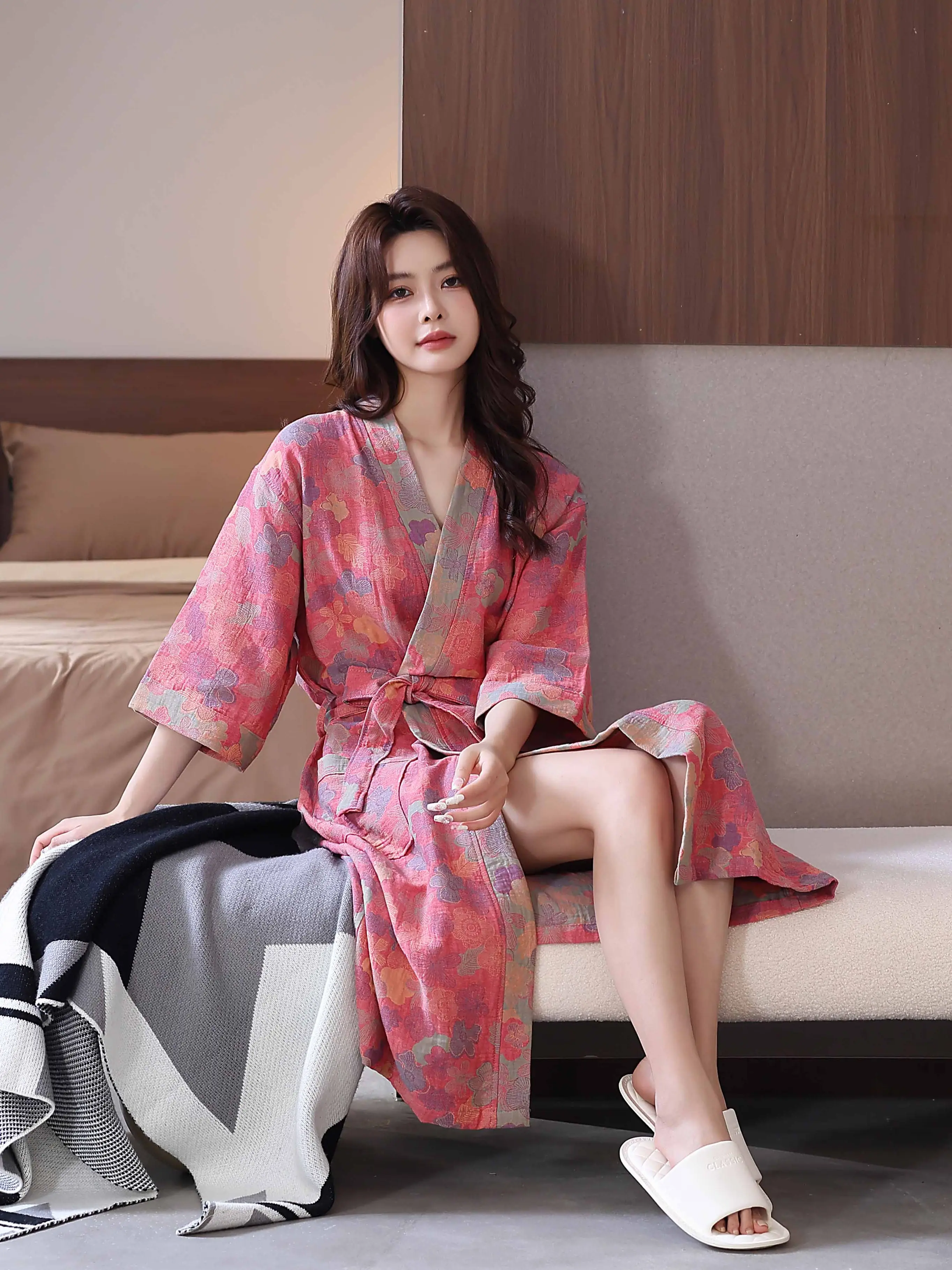 Women's 100% Cotton Bathrobe - Breathable Double Gauze, 3-Quarter Sleeve, Lace-Up, Casual Sleepwear & Dressing Gown, 100% Cotton Bathrobes & Dressing Gowns