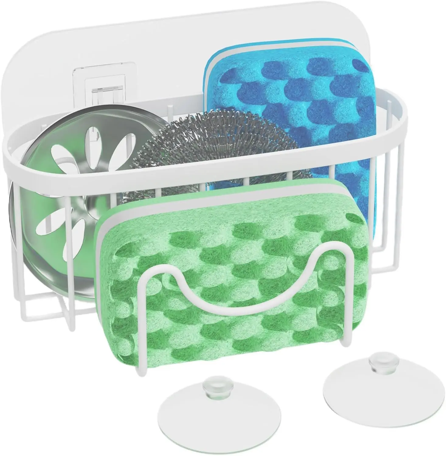Sponge Holder for Kitchen Sink - Sink Caddy with Unique M-Shaped, 2 Installation Methods Kitchen Organizer, Rustproof Stainless Steel Sponge Caddy - White