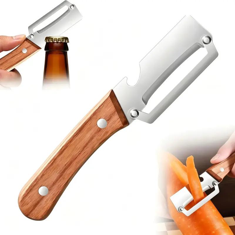 Multifunctional Vegetable Peeler with Wooden Handle and Bottle Opener,2 in 1 Stainless Steel Blade Fruit Peeler Kitchen Tool for Sugar Cane Potato Pineapple Pumpkin Papaya Carrot Veggie Peeling(1PCS)