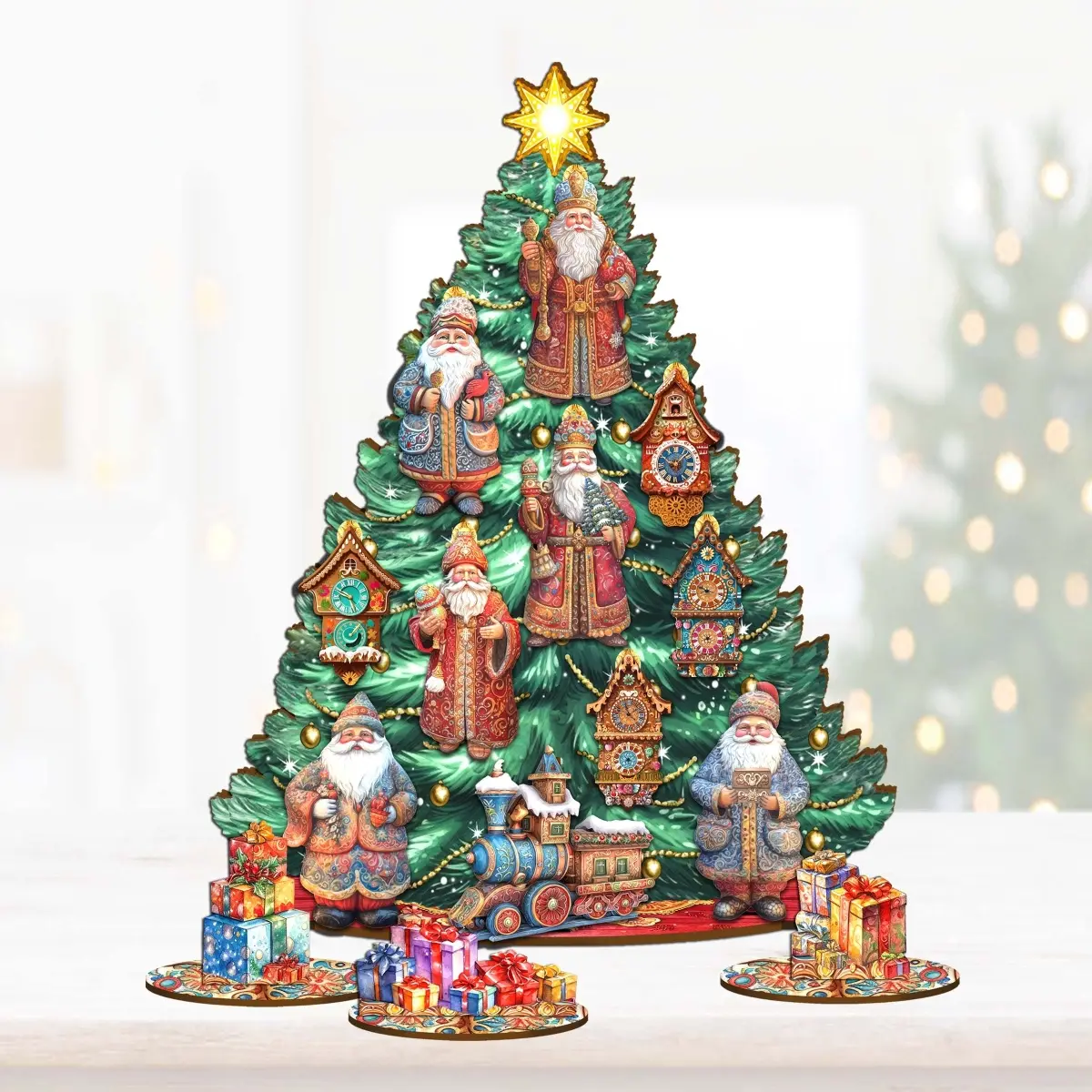 Designocracy 8091517 12.5 in. Durable Wooden Santa Figurines & Miniatures Tabletop Decor Set - Interactive Ornament Set with Tree Accent, LED Lights, Magic, Christmas Memories, Nurturing Creativity, Cozy Little Home Festive Decoration