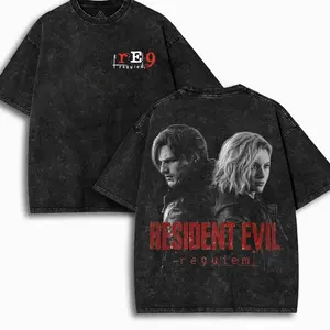 Resident Evil Re9 Remake v1 Hoodie & T-Shirt Leon & Grace Ashcroft, Vintage Acid Wash Apparel, Survival Horror Game Merch, Gold Poster Pullover, Unisex Cotton Top U07