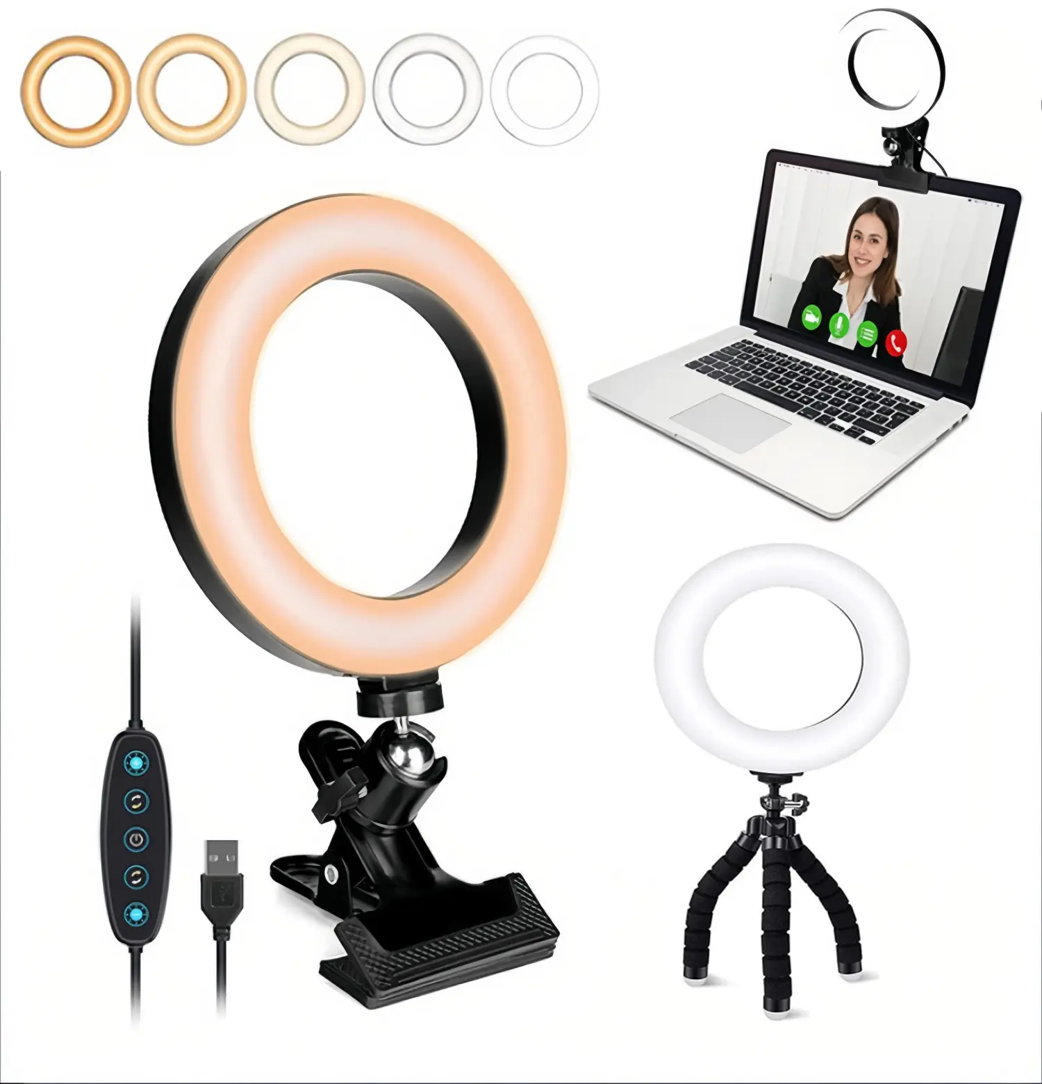 Portable Adjustable 48LED Cordless LED Ring Light Webcam Mount Kit for Mobile - Clip-On Laptop Monitor, 360-Degree Adjustment, 5 Dimmable Colors, 5 Brightness Levels, Easy Installation for Remote Zoom & Live Streaming