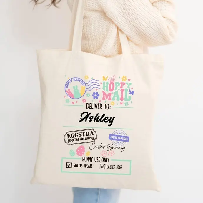 Personalized Easter Tote Bag, Custom Name Hoppy Mail Tote, Easter Bunny Delivery Canvas Tote, Kids Easter Basket Bag