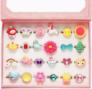 PinkSheep Little Girl Jewel Rings in Box, Adjustable, No Duplication, Girl Pretend Play and Dress Up Rings (24 Lovely Ring)