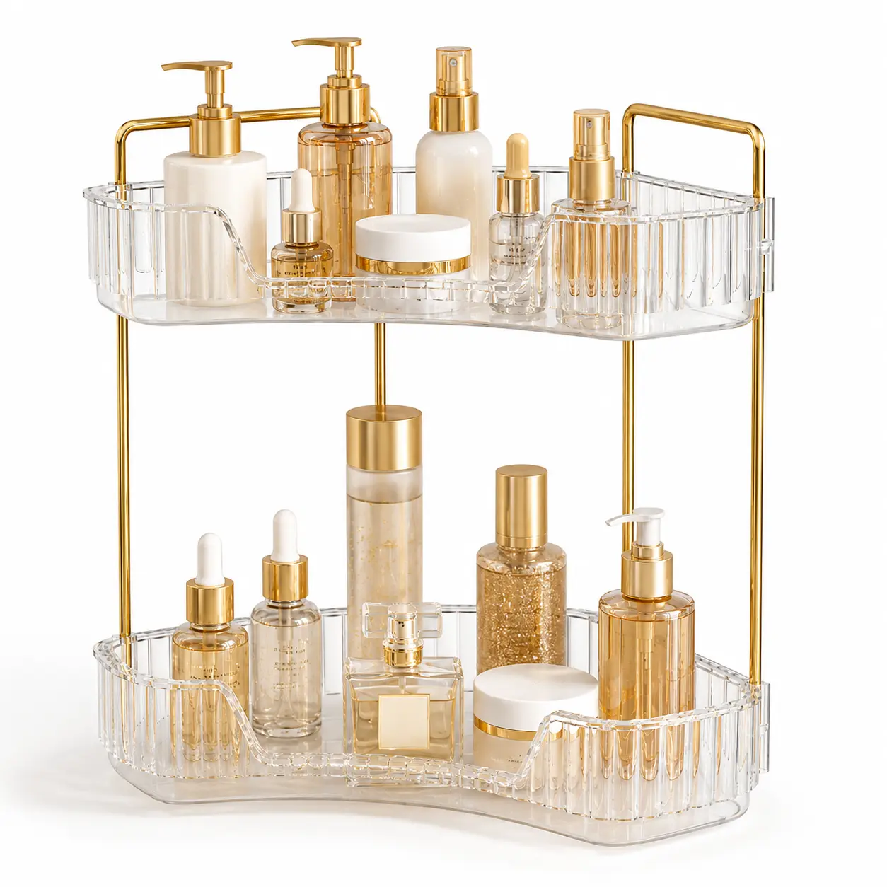 2-Tiers Corner Bathroom Counter Organizer, Clear Countertop Shelf Storage Rack, Cosmetic Perfume Tray Standing Holder with Gold Metal Pole, Skincare Sink Organizer for Vanity Kitchen Transparent Smooth,perfume organizer tray,skincare organizer