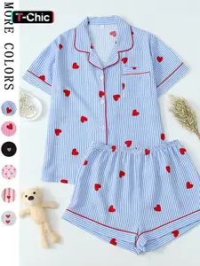 Valentine's Day Spring Summer Romantic Blue Striped Heart Elegant Short Sleeve Shorts Pajama Set for Women, Cute Fitted Homewear Loungewear Nightwear