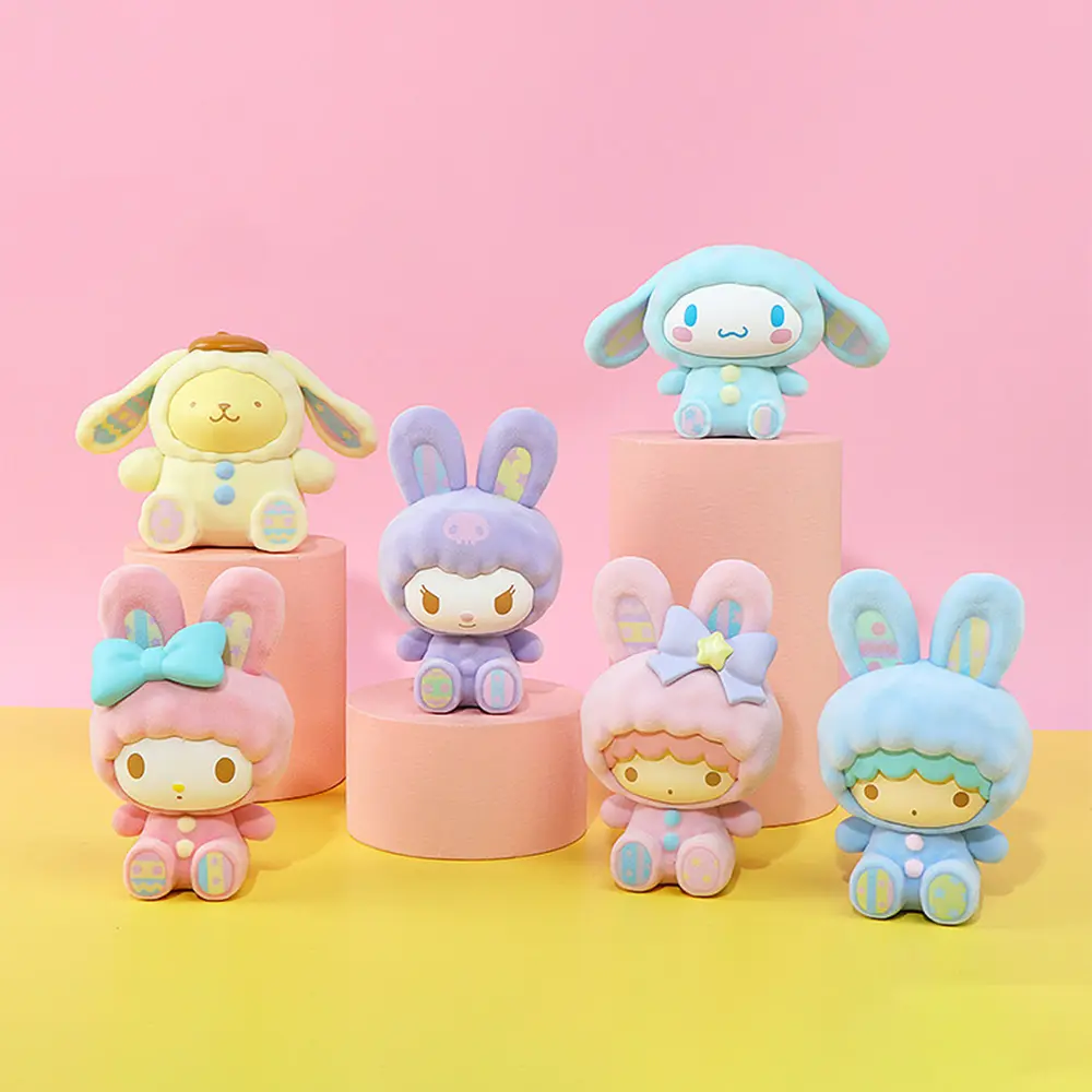L Sanrio Usagi Series Flocked Blind Box Figurines Cinnamon Kuromi Pom Collectible Figurines