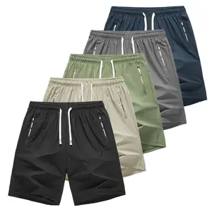 Men's 5-Pack Comfy Elastized Half-Length Dry-Fit Casual Shorts Set, Summer Solid Color Drawstring Waistband, Zippered Printed Side Pockets, Breathable Quick-Drying, Suitable for Indoor & Outdoor Menswear, Comfy Men's Shorts, Dry-Fit Men's Shorts