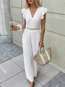 French Ruffle Small Flutter Sleeve Lace Cutout Romper, Elegant Long Pants, Perfect for Special Occasions, Unique Fashion Statement, Womenswear, Fit
