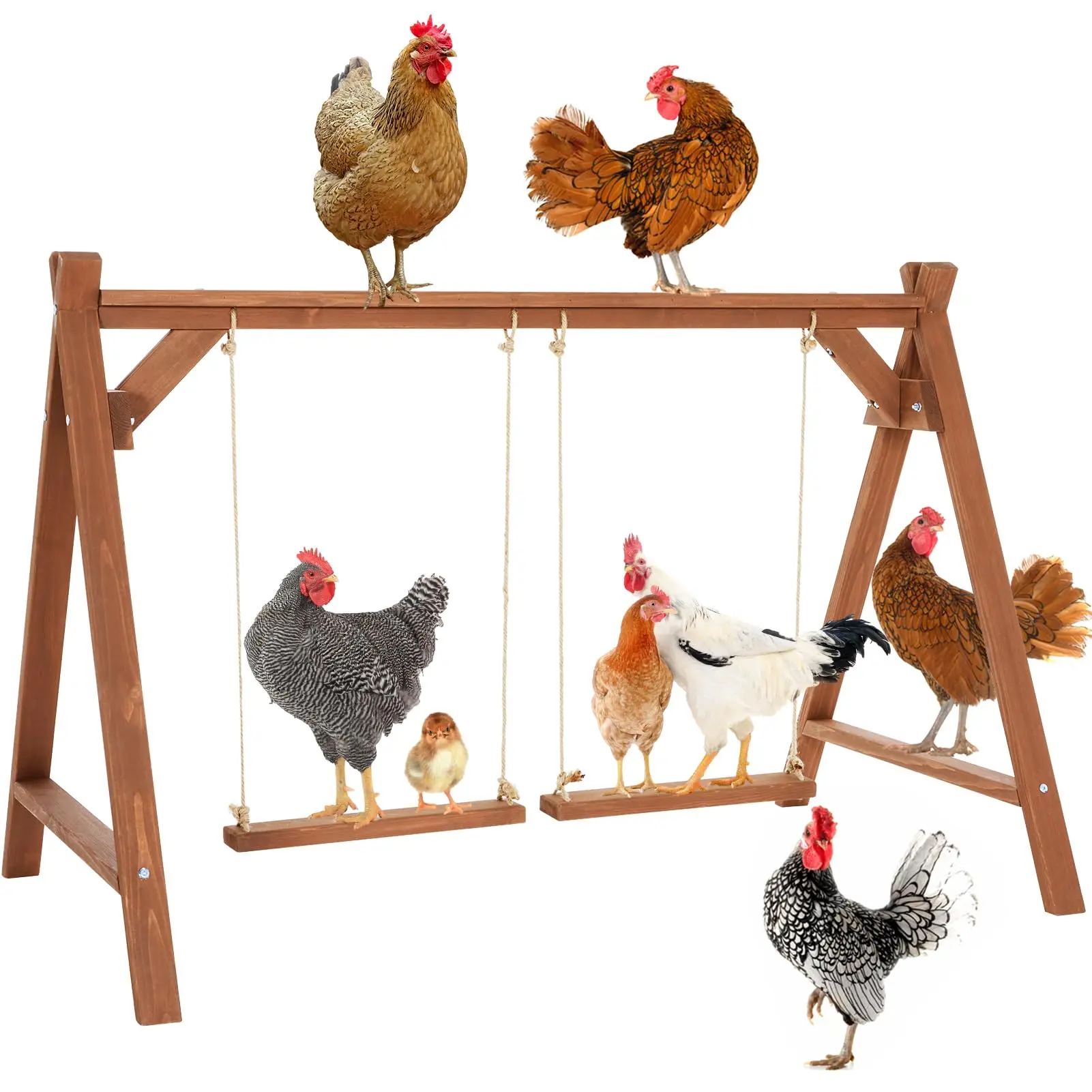 PETSFIT Wood Solid Chicken Perch & Roosting Bars with 2 Swings, 50"x30"x34" Waterproof Coop Toy for 6-8 Hens, Reinforced Multi-Level Stand, Develops Coordination, Easy to Assemble & Clean, Outdoor Use, Reinforced Structure