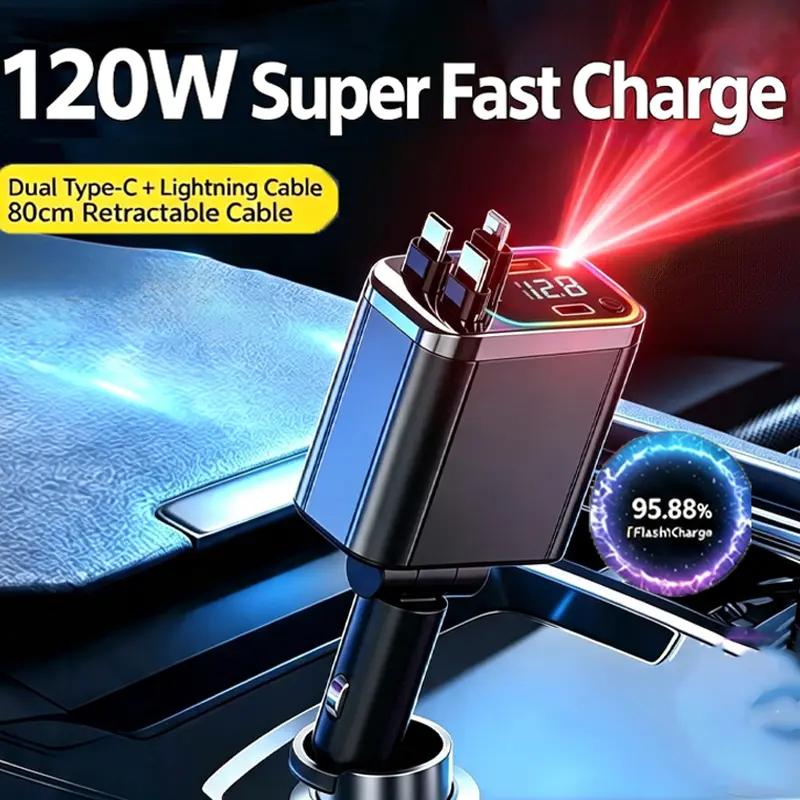 Metal Retractable Car Charger PD 30W, Dual Cable Super Fast Charger Adapter, 180° Swivel Fast Charging Station with RGB Starry Light & Voltage Display for iPhone Samsung