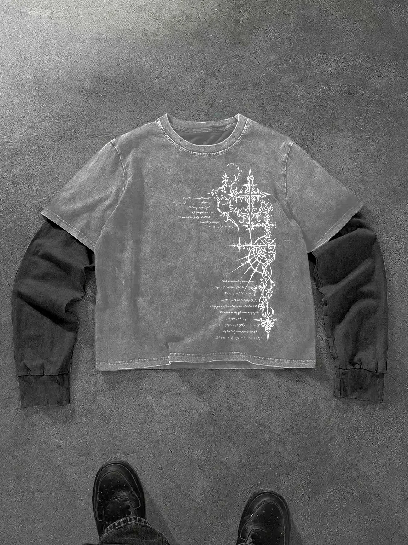 Men's Dark Aesthetic Layered Loose Shirt, Long Sleeve Top, Casual Streetwear Top with Cross and Handwriting Print, Soft Fabric, Streetwear Style, Casual Graphic Crew Neck