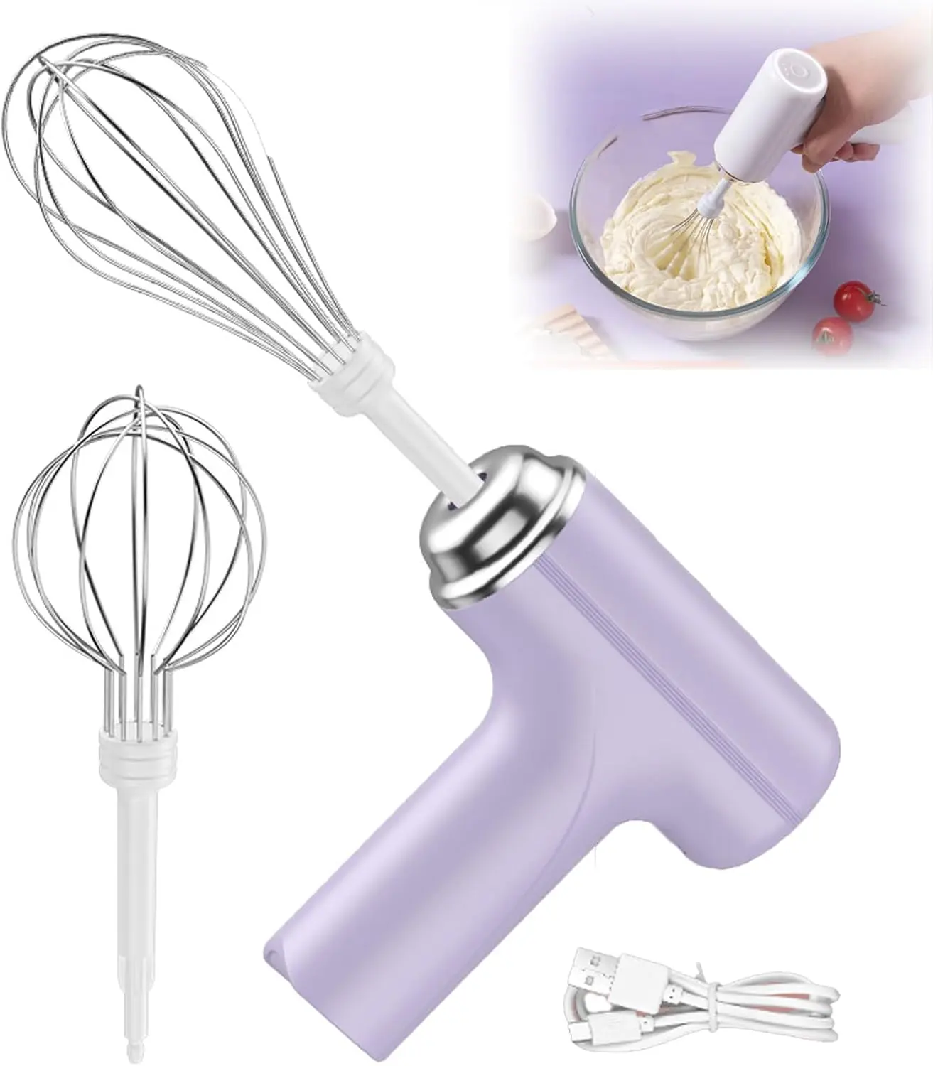 GMOX Compact Ergonomic Handheld Rechargeable Milk Frother - 3-Speed Electric Handheld Mixer with 3 Interchangeable Non-Toxic Stainless Steel Heads, Cordless Coffee Foam Maker for Latte, Matcha, Baking, 3 Interchangeable Whisks