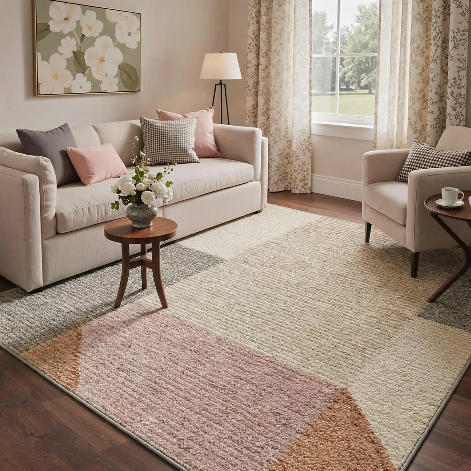 Area Rugs Geometric Blocks Print Pattern Low Pile Light Weight and Machine Washable Non Slip Rug for Living Room Bedroom Dining Room Indoor Home Decor Dusty Taupe
