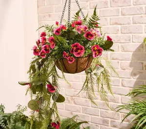 Garden Reflections Cascading Faux Pansy & Fern Hanging Basket Flower Pot