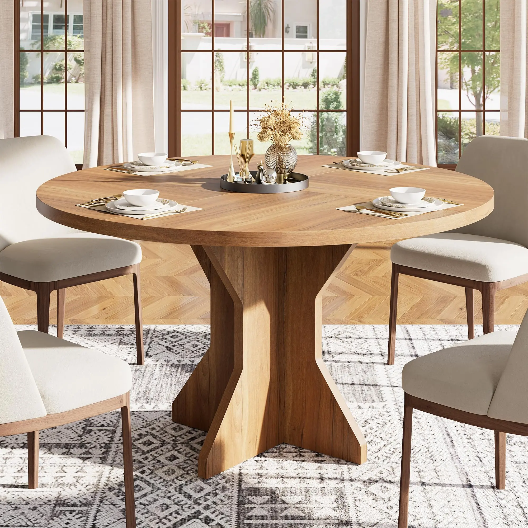 Brown Round Dining Table for 4-6 People - 47" Circle Kitchen Dinner Table with Sturdy Pedestal Base, Small Spaces Dinning Room Furniture for Living Room, Kitchen, Apartment