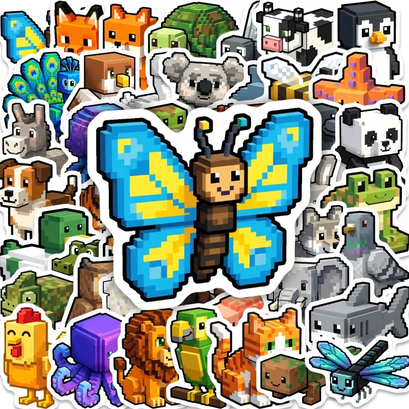 1 pack of 50 sheets pixel style animal stickers set, cute cartoon block animal stickers suitable for decorating computer handheld water bottles
