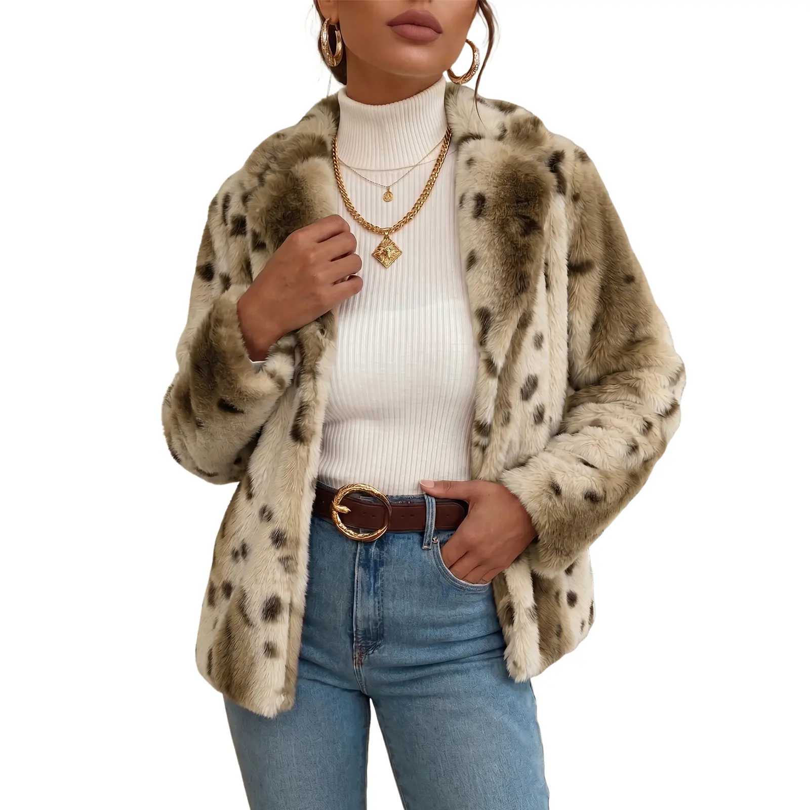 DOKOTOO Women's Faux Fur Coat Fluffy Long Sleeve Lapel Furry Winter Jackets Leopard Print Plush Faux Fur Coat, Notched Lapel Long Sleeve Soft Windproof Warm Trendy Winter Jacket Daily Party Outfits