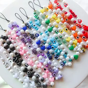 Customizable Colorful Beaded Pearl Phone Charm / Film Camera Strap, Gemstone Accessory, Evil Eye, Happy Face, Y2k, Trendy Charms, Handmade