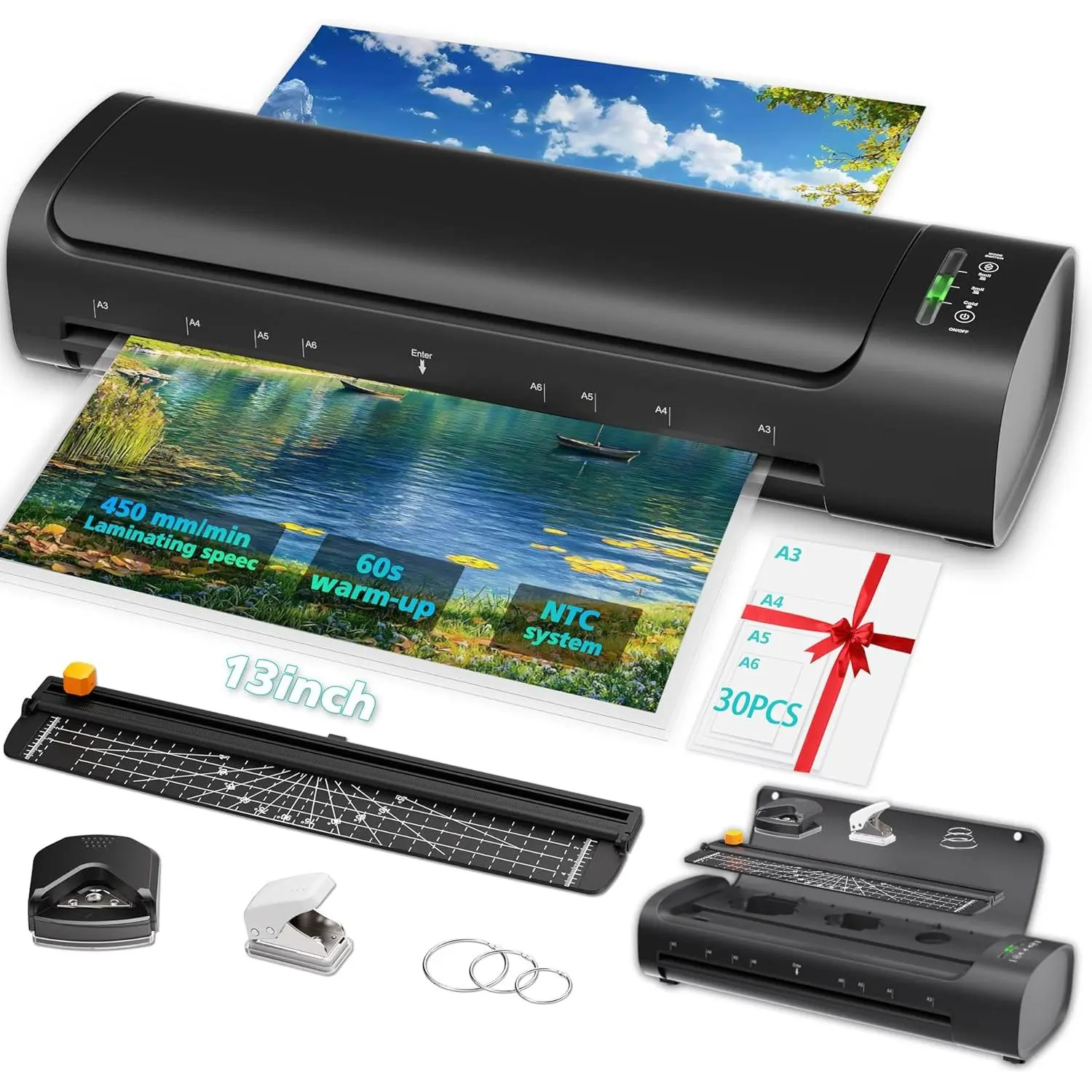 13 Inch Laminator Machine with 30 Laminating Sheets, A3 11-in-1 Hot & Cold Thermal Laminator for Teachers, 60S  Warm-Up, 450mm/min, Never-Jam Design Laminate Machine for , Office, School