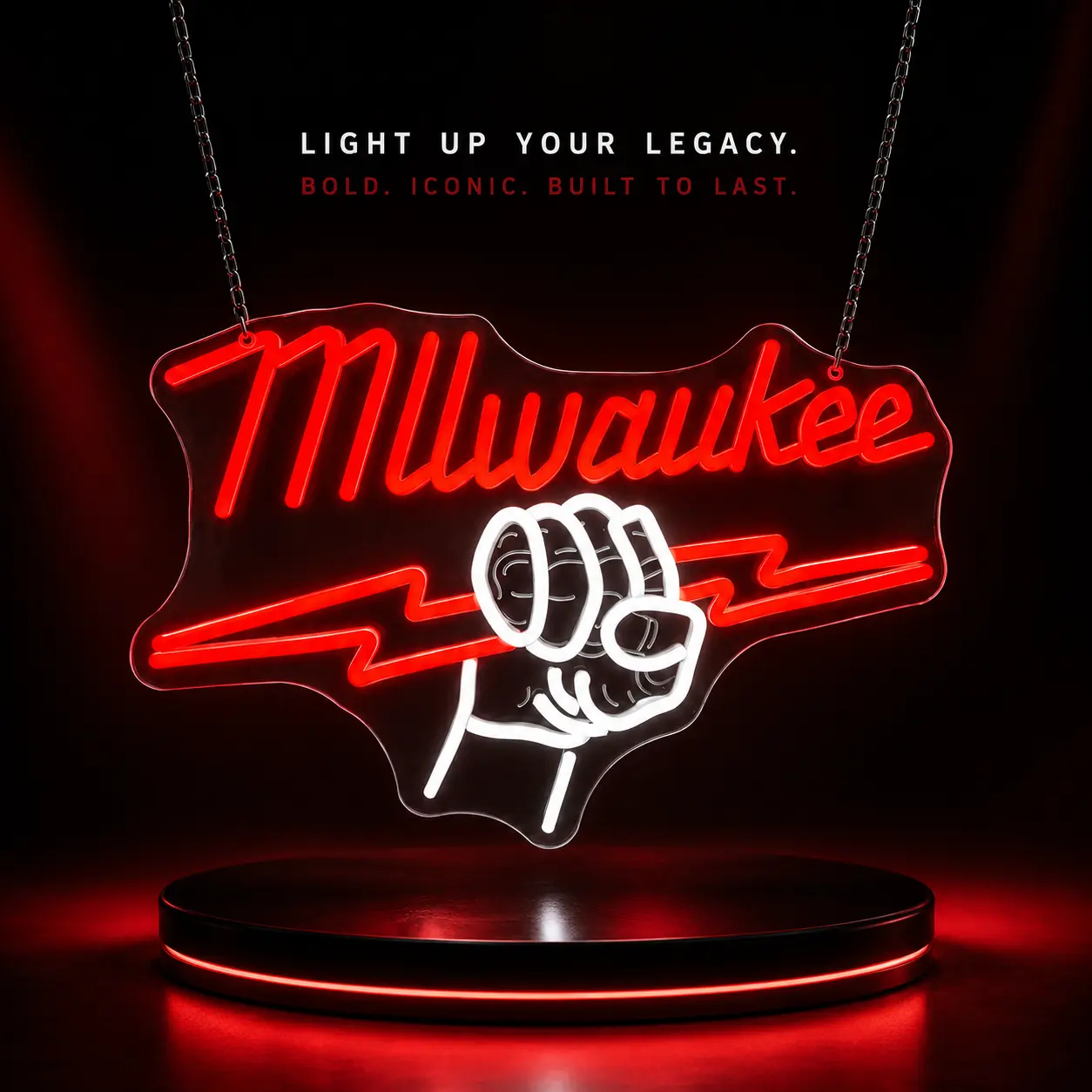 Milwaukee LED Neon Sign - 15.75x10.63in Dimmable Acrylic Wall Lamp, Red White Fist Lightning Design, Garage Decoration, Mood Lighting, Adults' Men's Gift Ideas Male Gifts for Mechanics