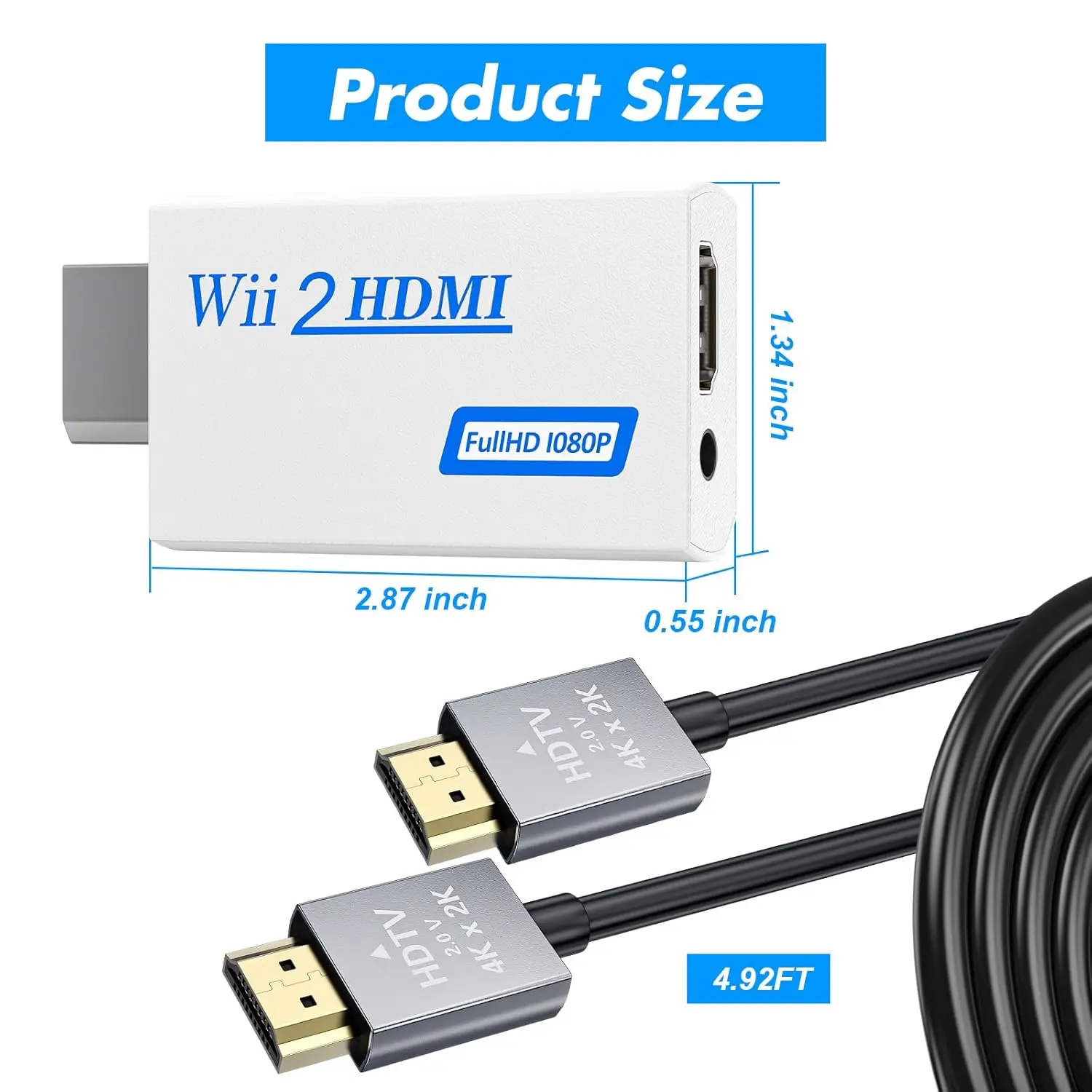 RUNTOGOL Wii HDMI Adapter 1080P with 3.5mm Audio Jack, HDMI Converter with 4.92ft HDMI Cable Compatible with Wii/Wii U Accessories Bundle Kits (HDMI Converter+HDMI Cable)adapter converter