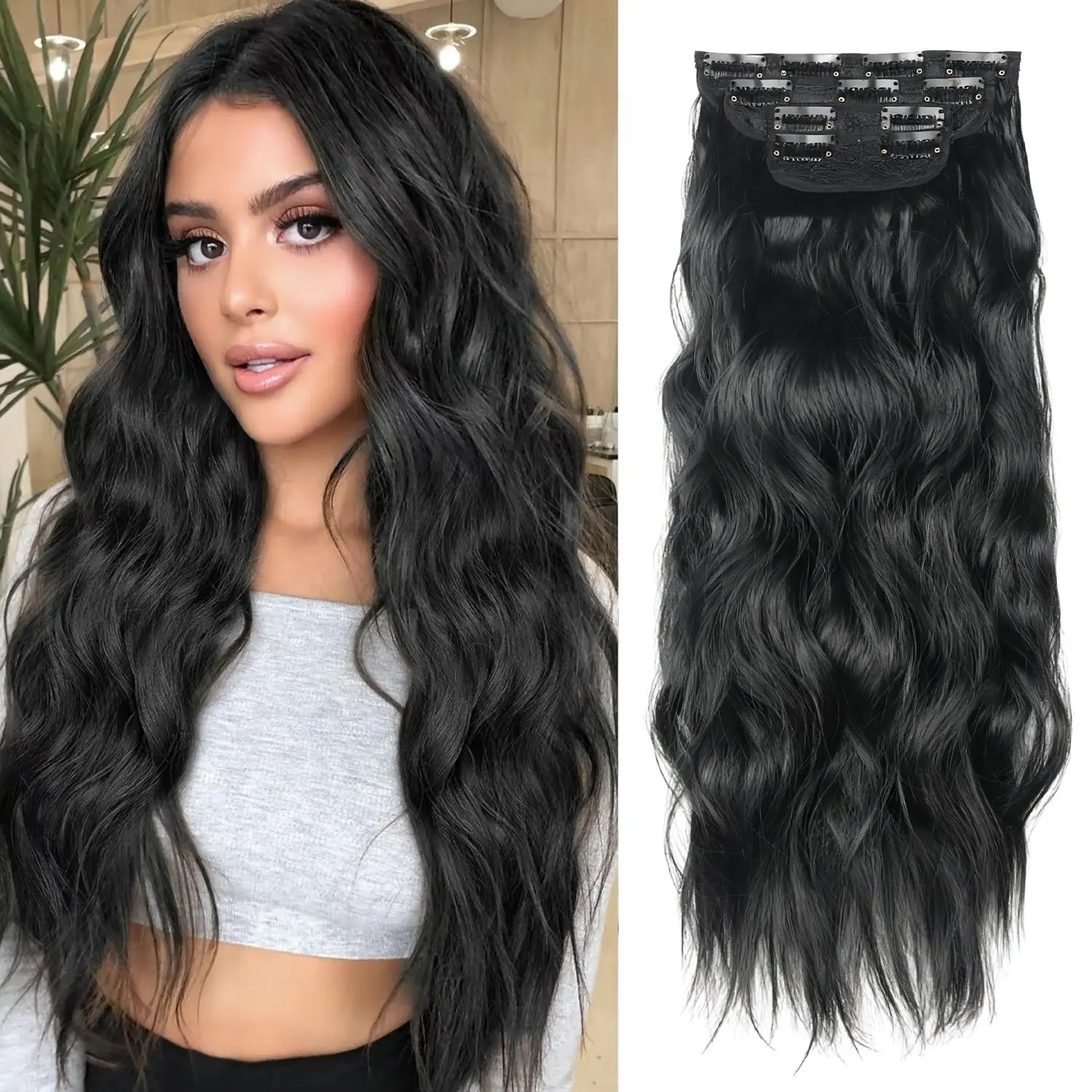 VOSILK Clip in Hair Extensions - 4 PCS Long Wavy Thick Clip in Hairpieces Full Head Natural Soft Synthetic Hair Extension for Women, Black 20 Inch Glueless Hair Hair Weave
