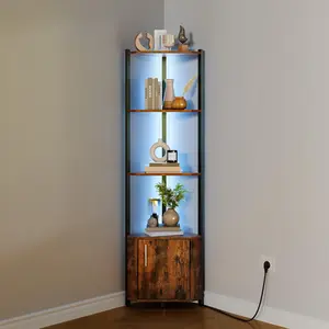 Garvee 5 Tier Corner Shelf Stand with LED Light, 57''Tall Metal Frame Corner Shelf with Wood Shelves, Standing Shelf Organizer for Living Room, Bedroom, Kitchen, Bathroom |  for Home Office, Entryway