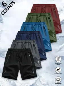 Men's Gym Shorts 6-Piece Set - High-End Ice Silk Quick-Drying, Drawstring Elastic Waist, Safety Zipper Pocket, Reflective Details, Suitable for Gym, Running