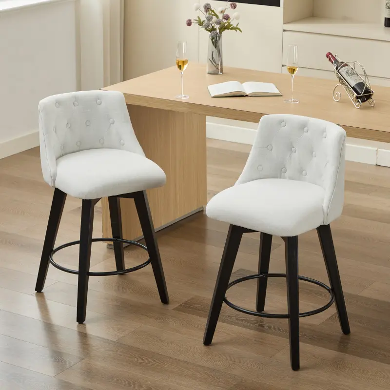 Swivel Bar Stools Set of 2, Modern Linen Fabric Counter Height Stools with Button Tufted Back, Upholstered Barstools with Solid Wood Frame for Kitchen Island