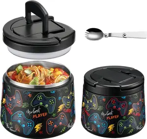 14oz Insulated Vacuum  Jar with Buckle Lid,Soup Thermo for Hot  ,Wide Mouth Leakproof Stainless Steel Lunch Container with Spoon-Black