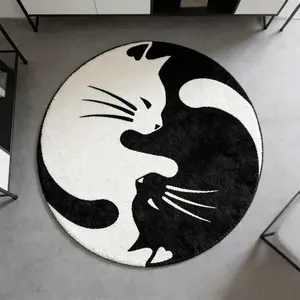 Ins style Taiji cat circular floor mat, bedroom bedside anti slip absorbent foot mat, study computer chair anti scratch pad, suitable for minimalist style space/cat slave bedroom, thick, soft and easy to clean, Furry Floor Rugs