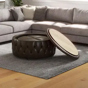 [BACK TO SCOOL] Ebello 32" Wide PU Leather Tufted Round Storage Ottoman Large with 4 Wheels, Brown