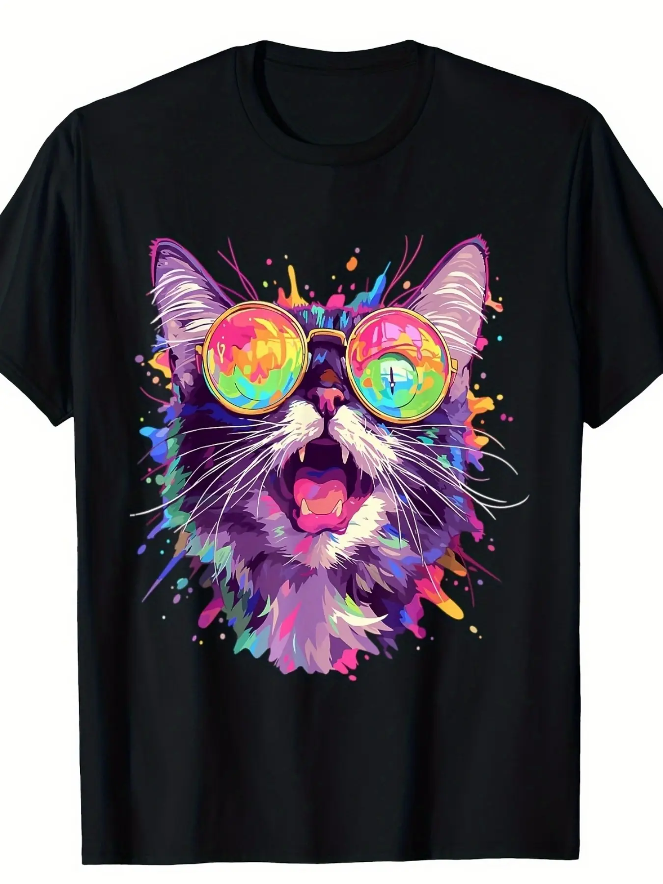 Trippy Party T-Shirt Featuring a Rainbow EDM Cat - 220G, Stylish Boutique Tee, Perfect for Casual Wear with a Printed Pattern, Great As a Gift