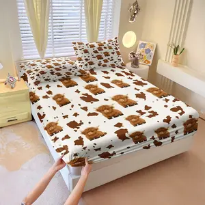 Highland Cow Print Fun Fitted Sheet Set and 2 Pillowcases No Core, White Base with Brown Cow Pattern, Round & Chubby Highland Cow Cartoon Image, Soft Non-Slip Wrinkle Resistant, Cute Bedroom Children's Room Decor, Decorative Bedsheet Sets