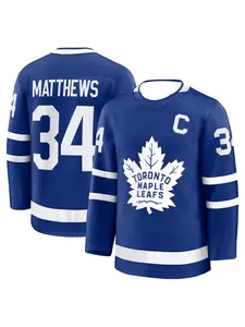 Ice Hockey Jersey - Blue with White Accents 'Matthews 34' Captain 'C' Classic Maple Leaf Logo Sports Jersey | Limitless Men's and Women's Breathable Quick-Drying Summer Leisure Sports Fashion Long-Sleeve Top
