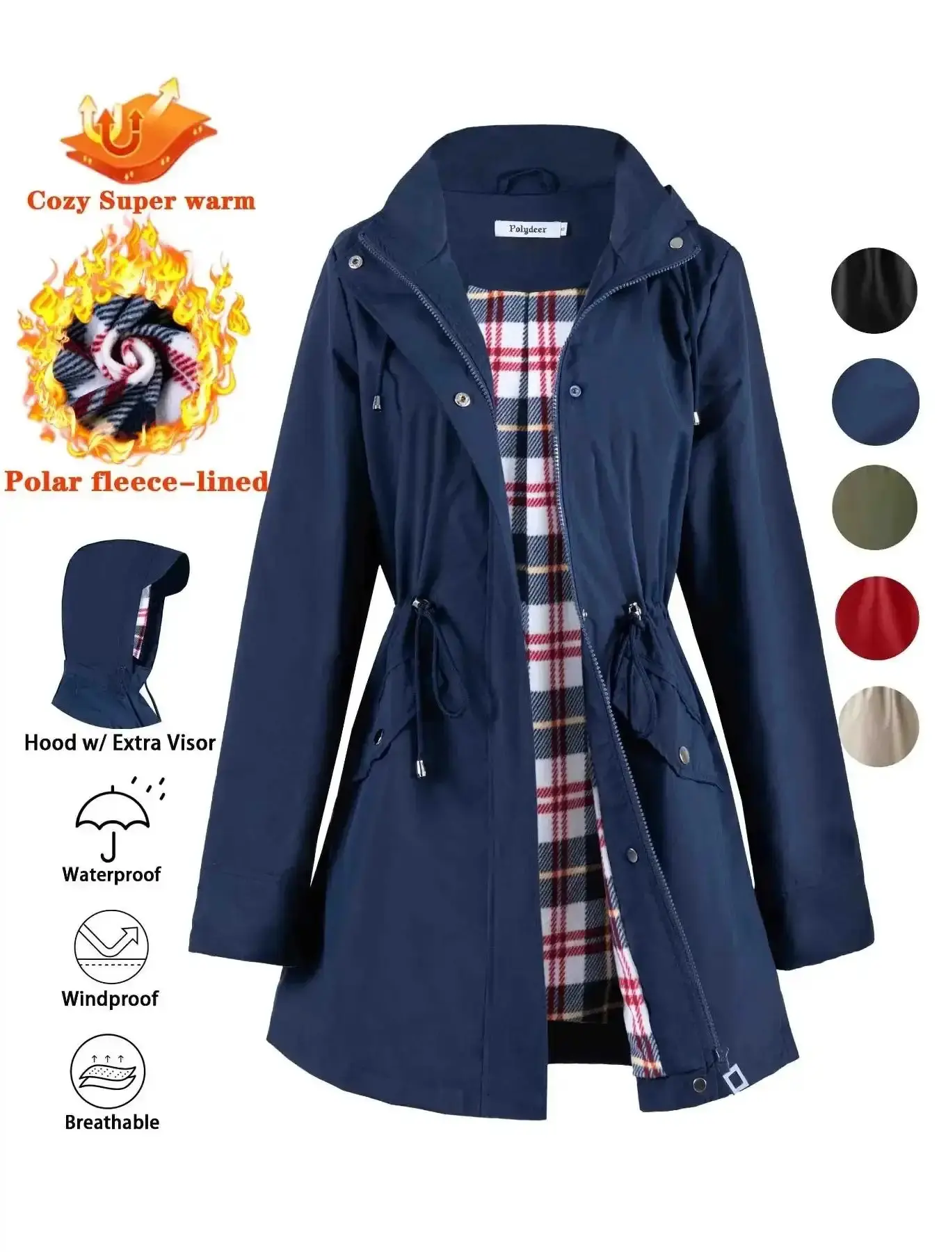 Women's Sleek Waterproof Fitted Rain Coat Jackets with Long Sleeves and Soft Fleece Lining, Warm Winter Outerwear for Cold Weather, Stylish Check-Lined Design, Ideal for Everyday Use, layering essential