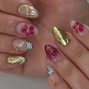 Elegant Gradient Gold Nail Stickers, Nail Art Diy, Nail Art Supplies, Nail Art Products, Almond Shape Medium Length, Glossy Finish, Zebra Texture, Single Item Pack