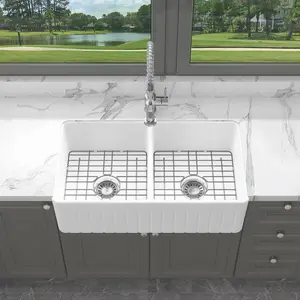 Sinber 33 Inch Farmhouse Apron Double Bowl Kitchen Sink with Fireclay White Finish 2 Accessories F3318D-OL