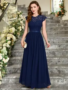 MIUSOL 3790 Floral Lace Bodice Cap Sleeve Chiffon Ribbon Waist Formal Party Dress, Perfect for Evening Parties, Wedding Guests, Holidays, Graduations, Formal Wear