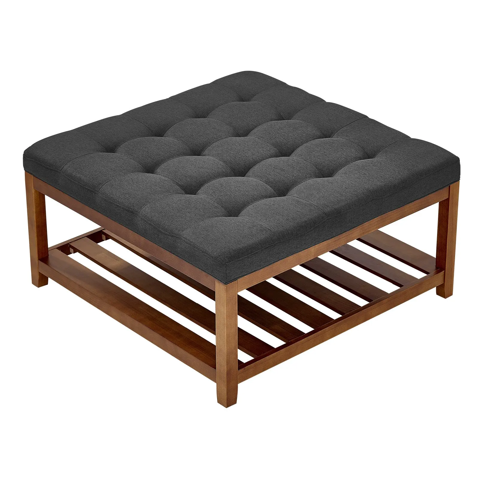 VEVOR Large Square Ottoman Coffee Table - 34.5 in Tufted Rustic Coffee Table with Solid Wood Storage Shelf, Skin-Friendly Breathable Linen Fabric Upholstered Footrest, 400 LBS Capacity, Dark Gray for Living Room, Study, Entryway