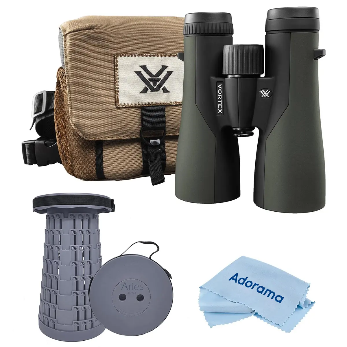 Vortex Optics 12x50 Crossfire HD Waterproof Roof Prism Binocular with 5.2 Degree Angle of View, Bundle with Telescoping Stool/Chair and Cleaning Cloth