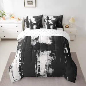 Adults Black and White Abstract Comforter Set,7 Pieces Comforters Modern Art Bedding Set
