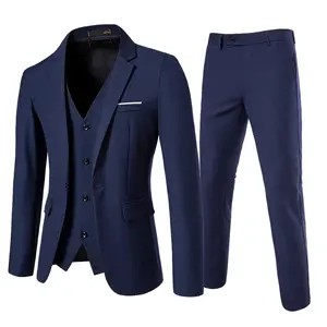 Men’s three-piece suit set: single-button solid color blazer, vest, and trousers; slim-fit formal attire suitable for weddings, balls, and parties.