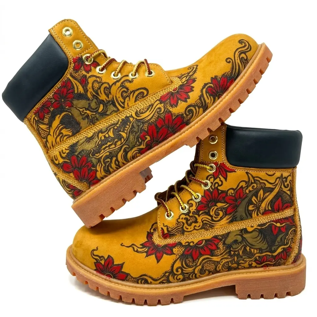 Men’s thick rubber sole, waterproof Work boot with leather upper, patterns hand-engraved and won’t fade, customizable. Durable hiking/mountaineering boots for outdoor activities; street motorcycle boots; Western cowboy style; fashionable trend style Men's