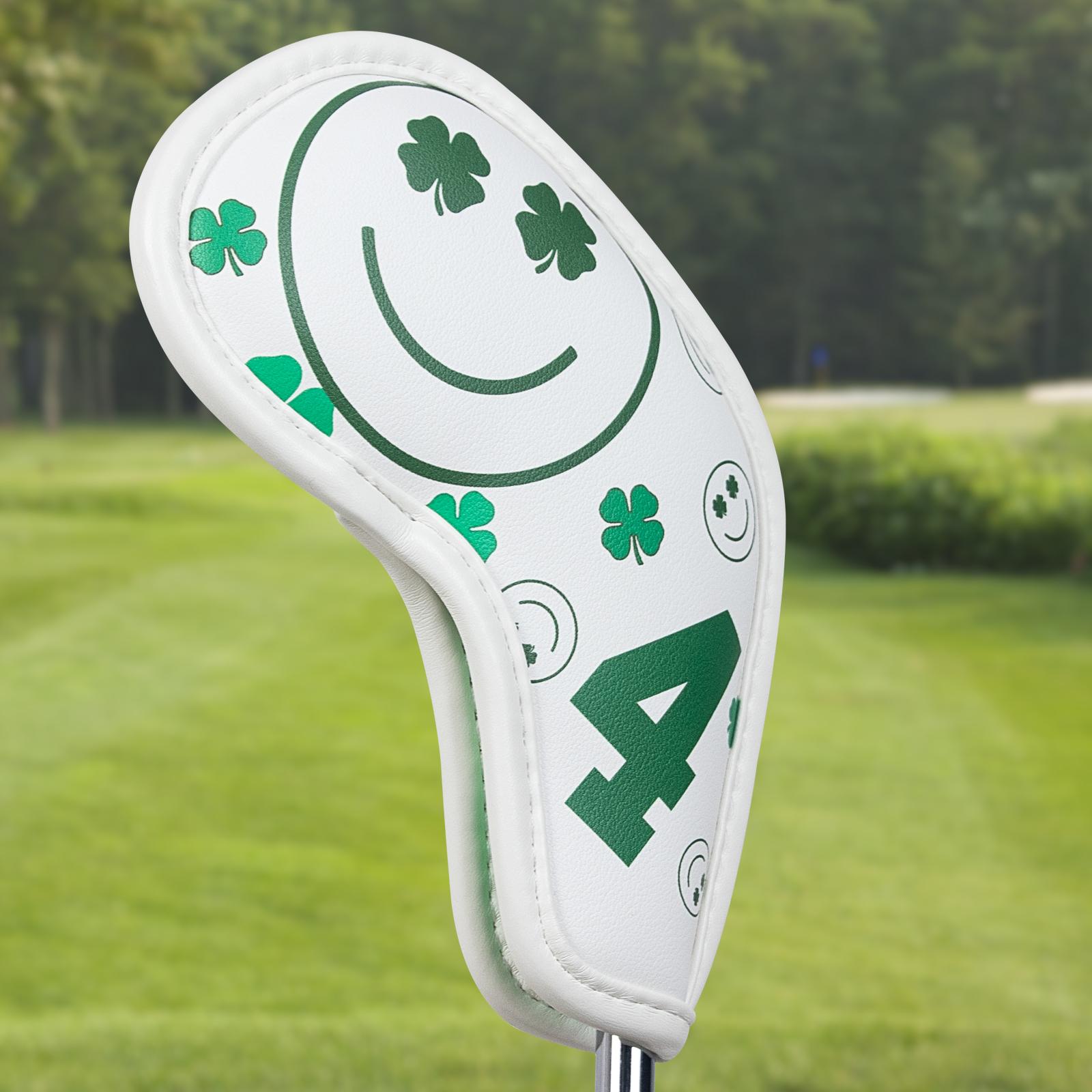 Big Teeth Golf 10Pcs Cover Clover Smile Emo Headcover Covers - Fits Irons By White Four - Leaf Clover Stylish Design for Golf Gear Protection